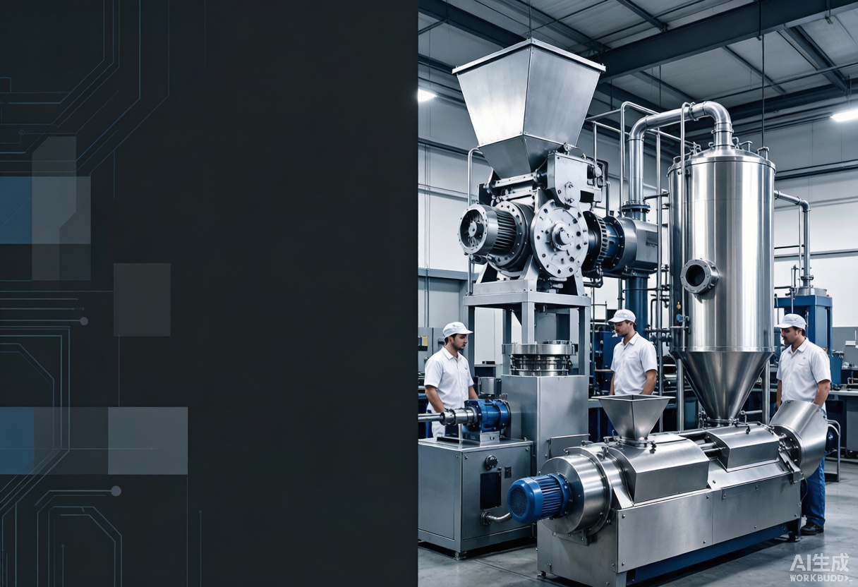 Taller industrial de molienda y mezcla con espacio limpio para superponer texto comercial